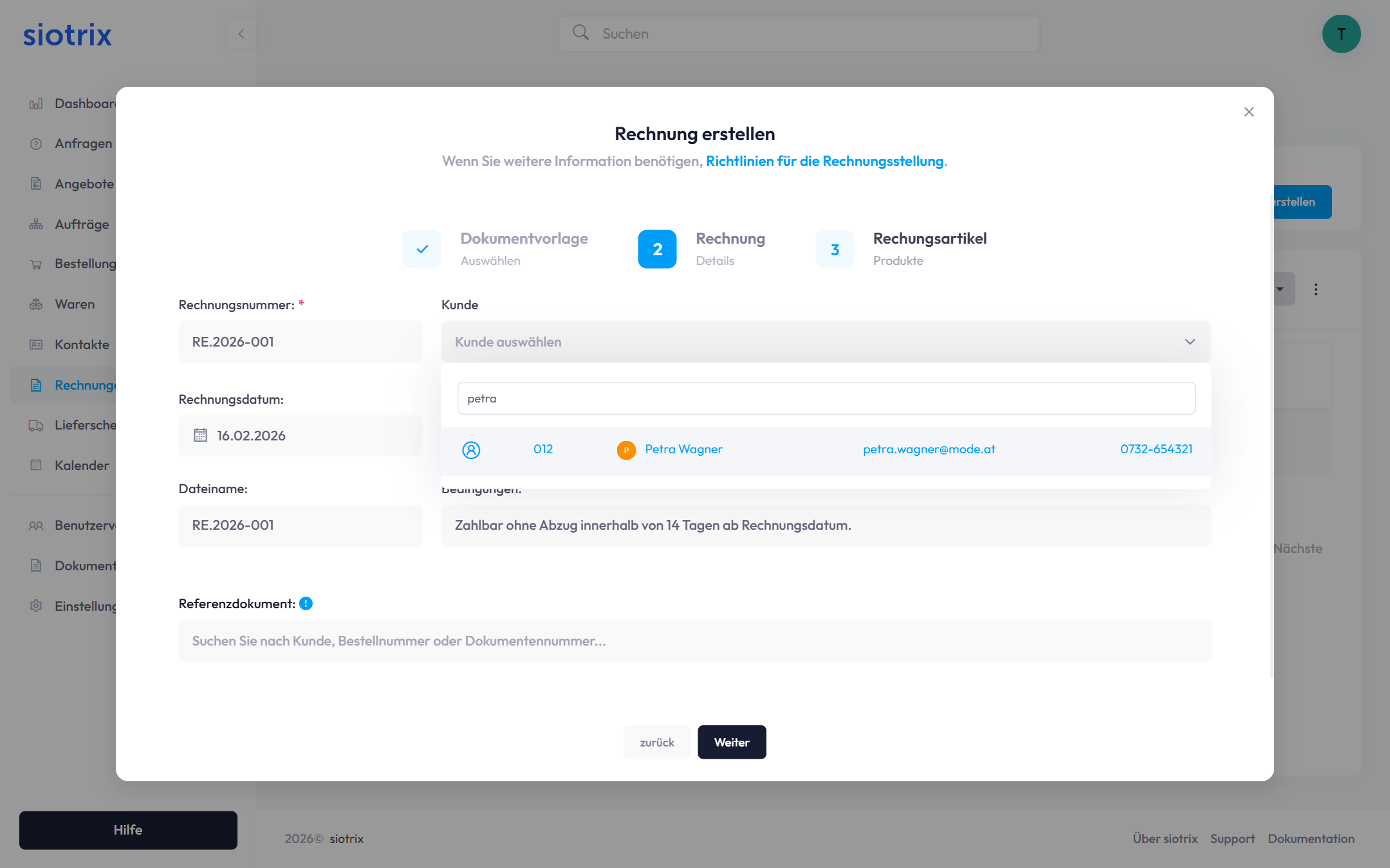 Kontakt bei Rechnung zuweisen