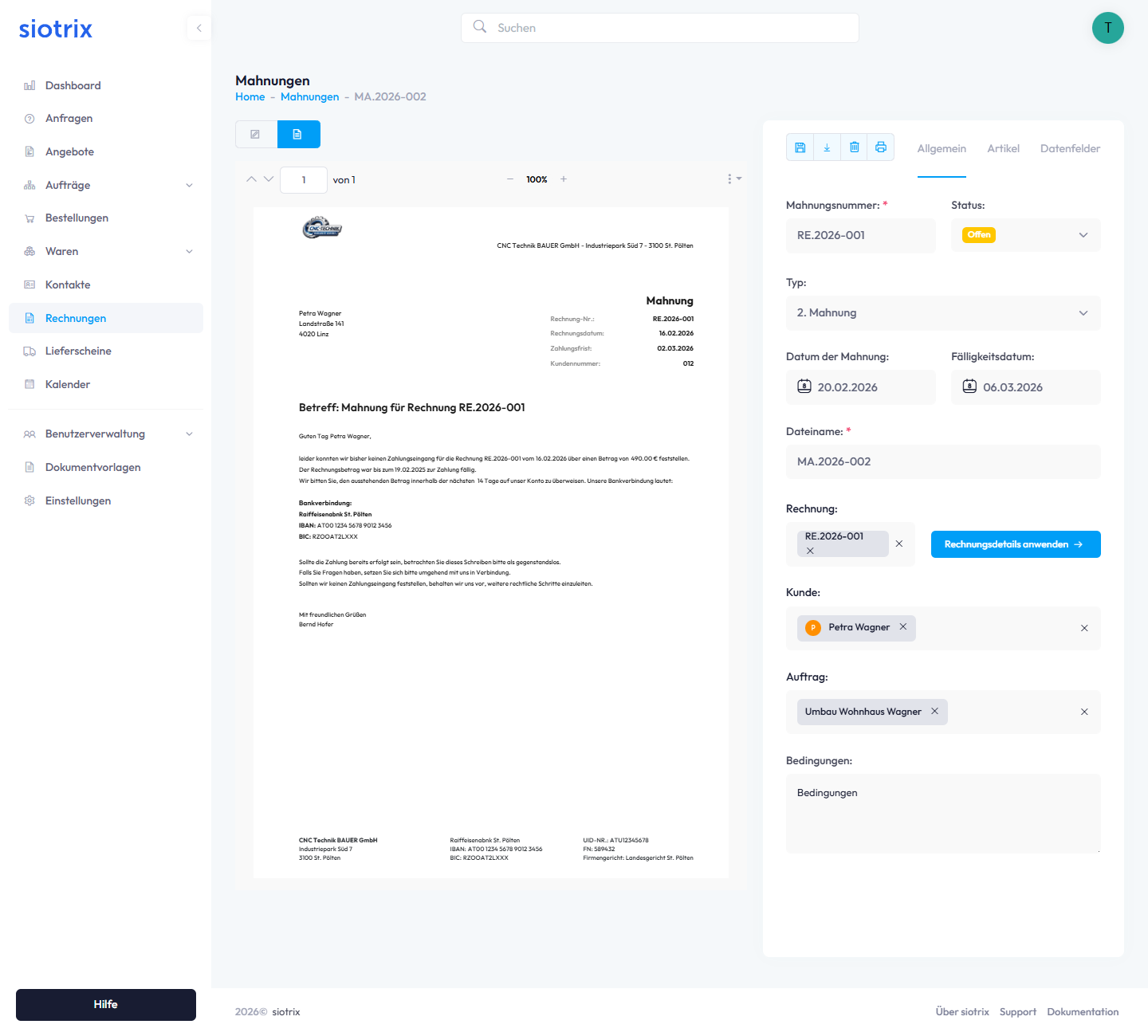 Mahnung Detailansicht