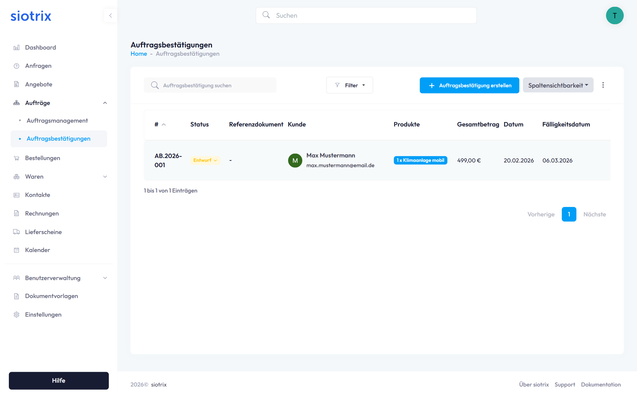 Auftragsbestätigungen Übersicht