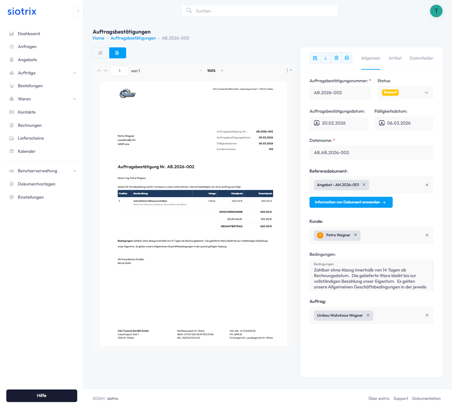 Auftragsbestätigung Detailansicht
