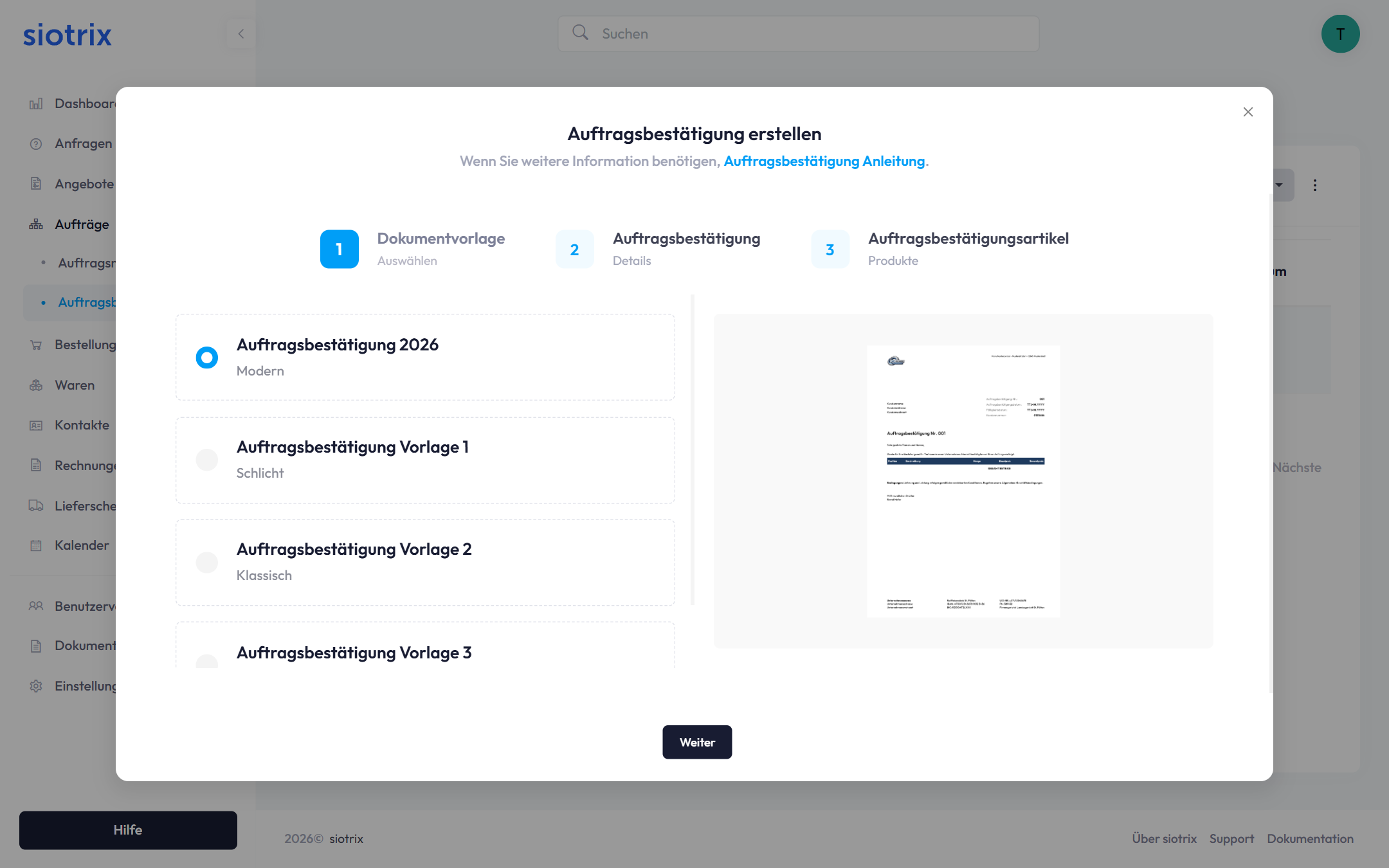 Auftragsbestätigung erstellen Dialog
