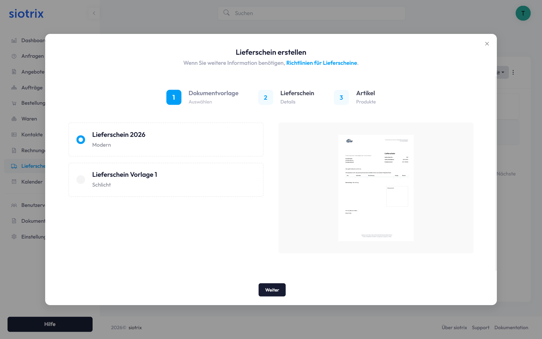 Dokumentvorlage auswählen