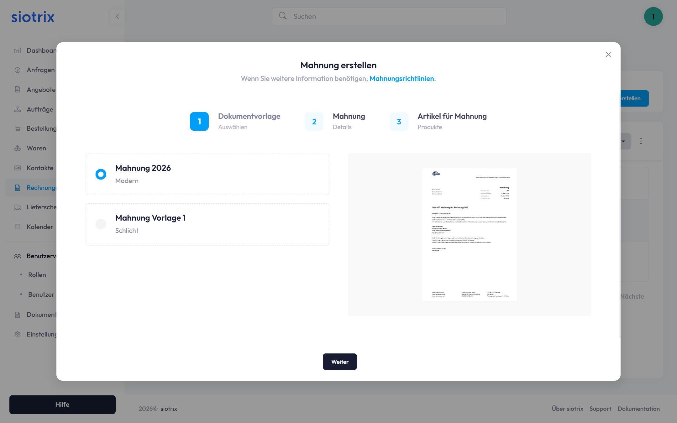 Mahnung erstellen Dialog
