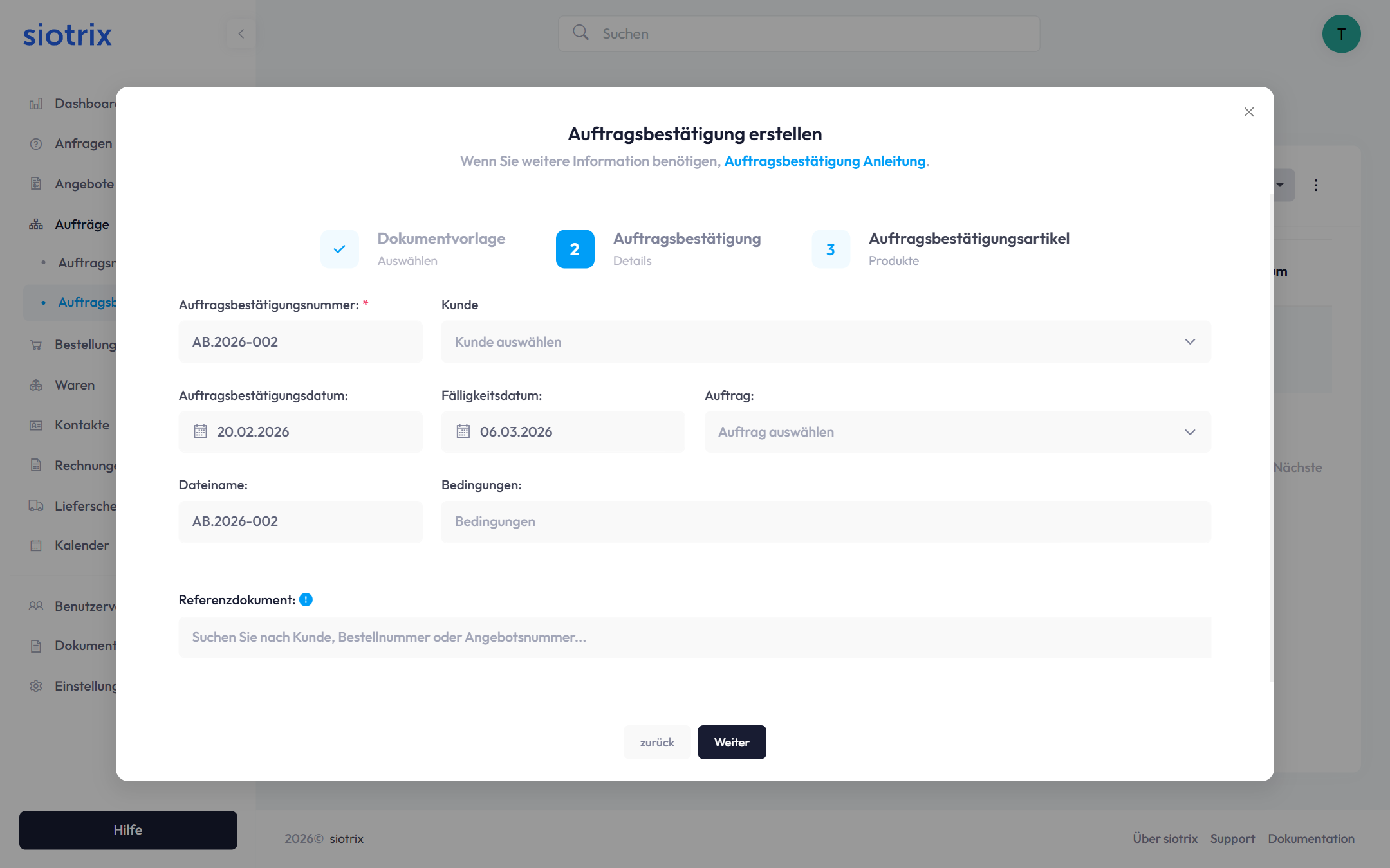 Auftragsbestätigung erstellen Dialog