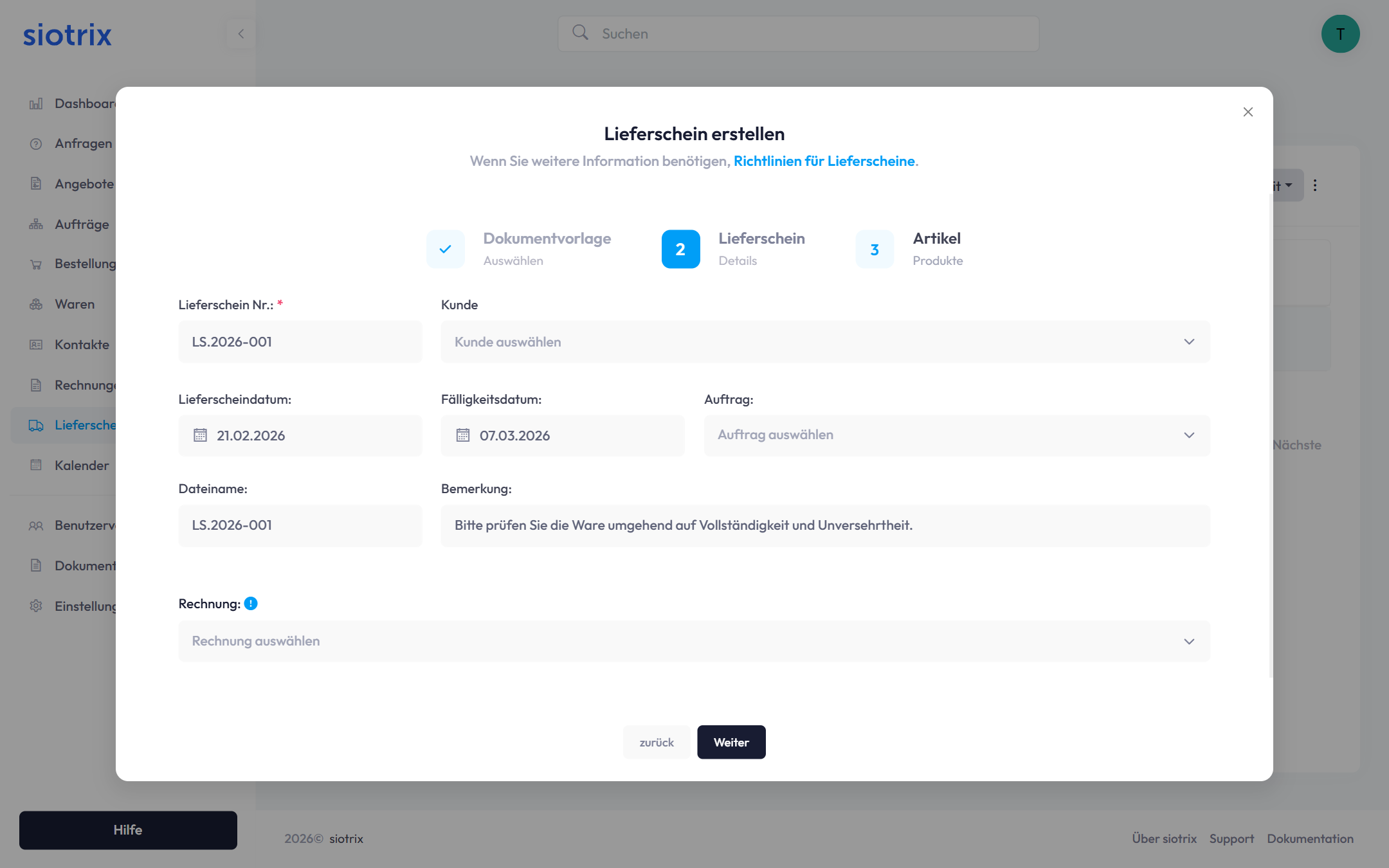 Lieferschein Details – leer