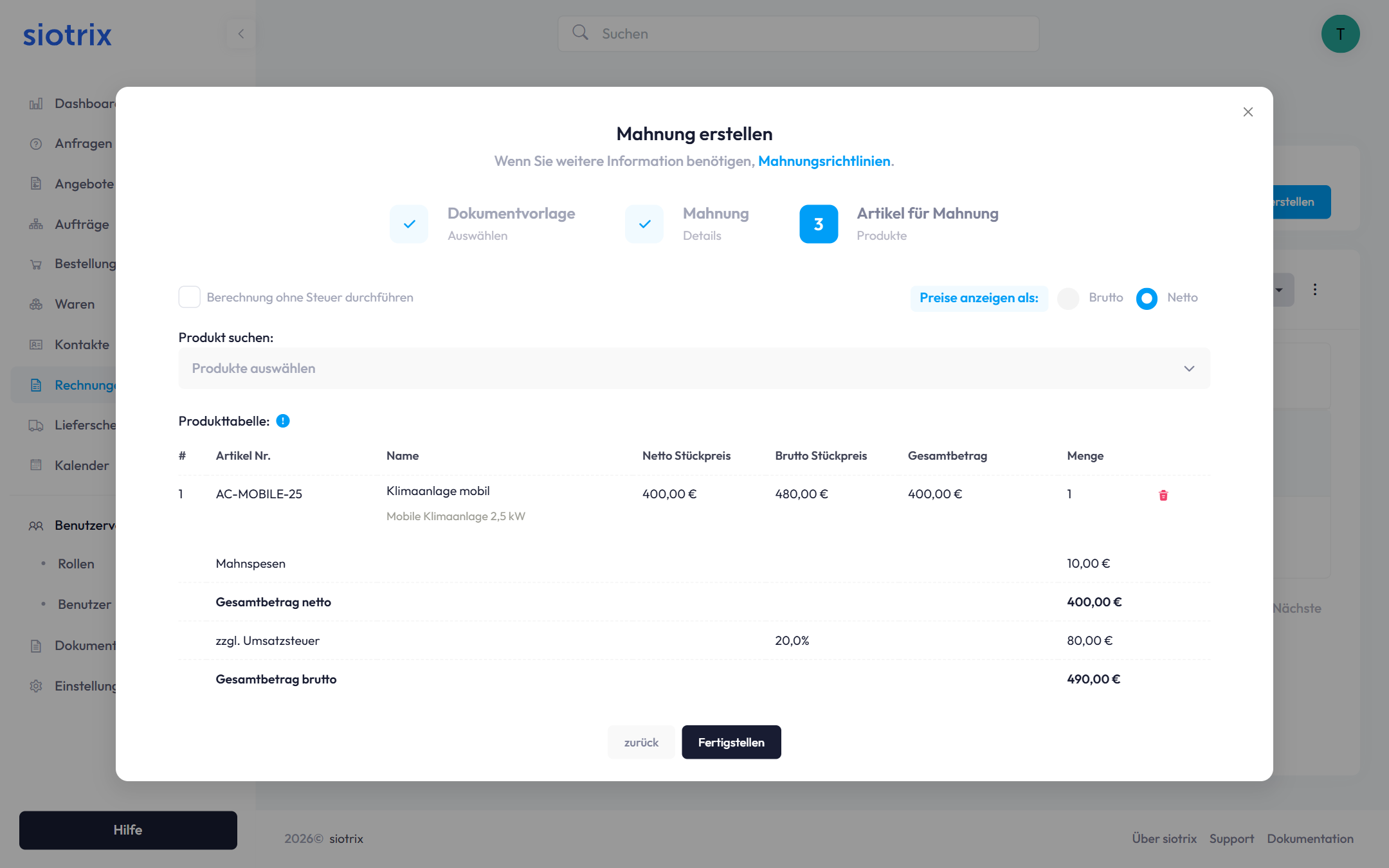 Artikel für Mahnung