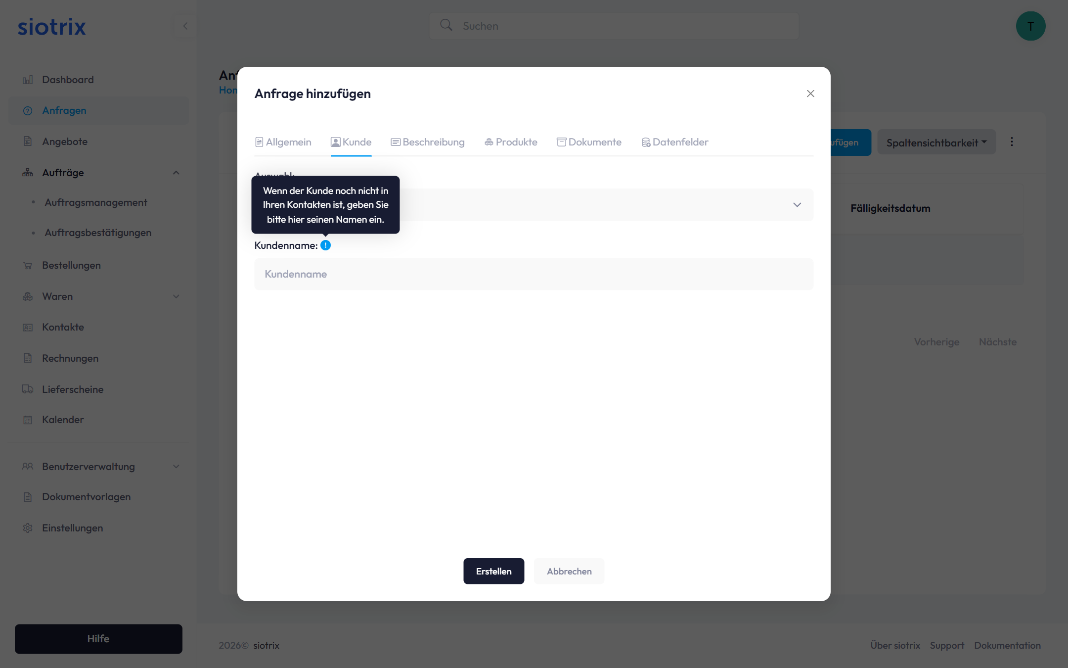 Anfrage mit Kontaktanlage