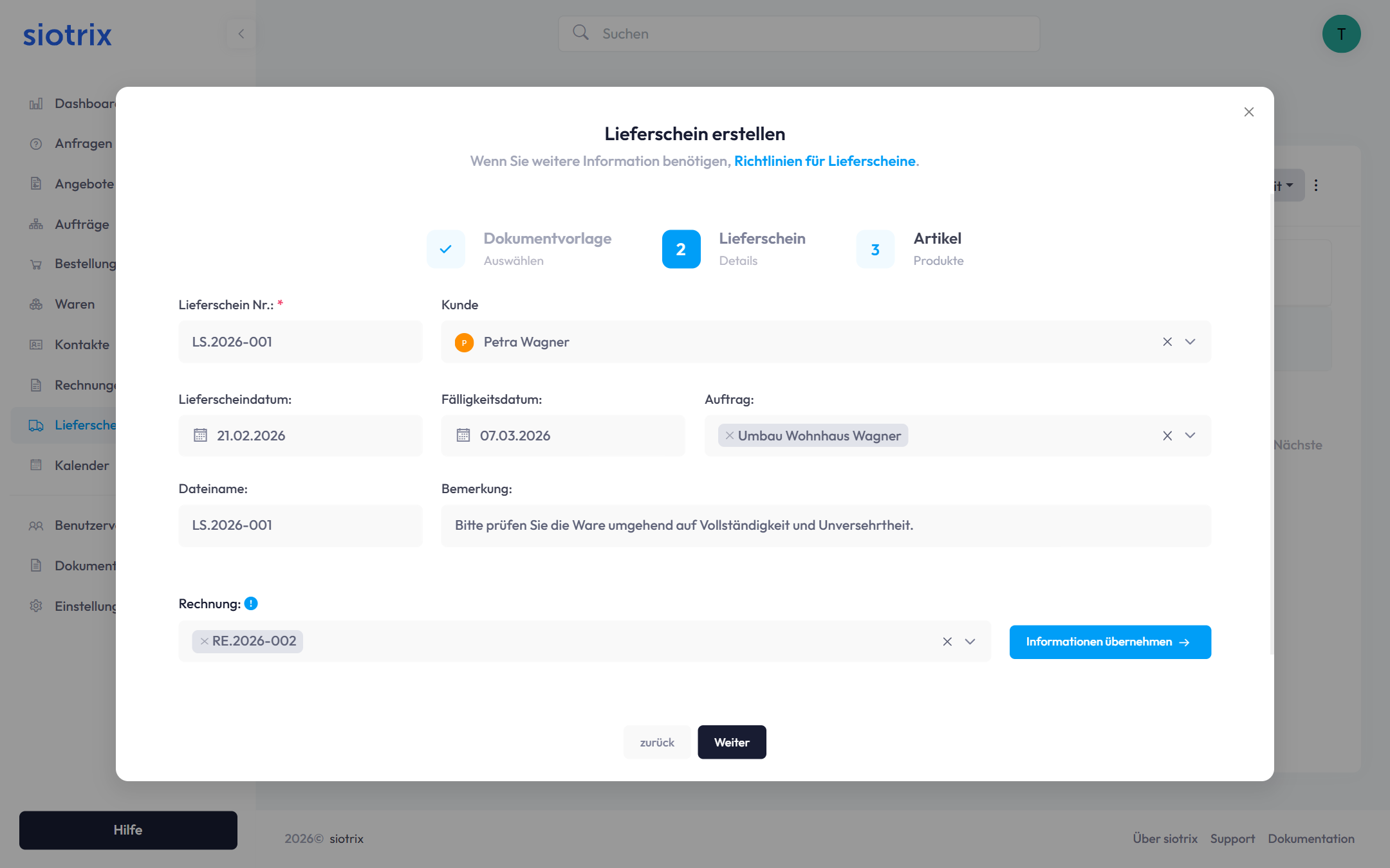Lieferschein Details – ausgefüllt