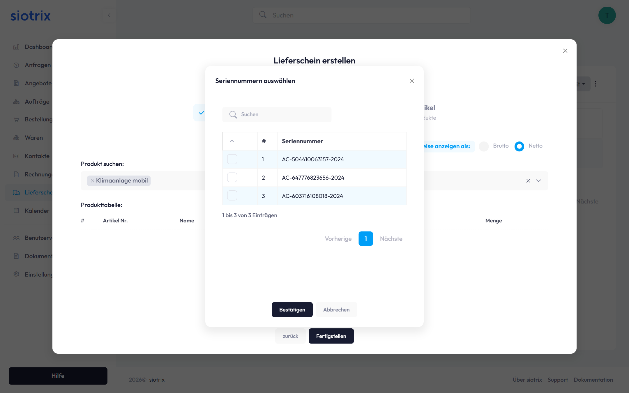 Seriennummern auswählen