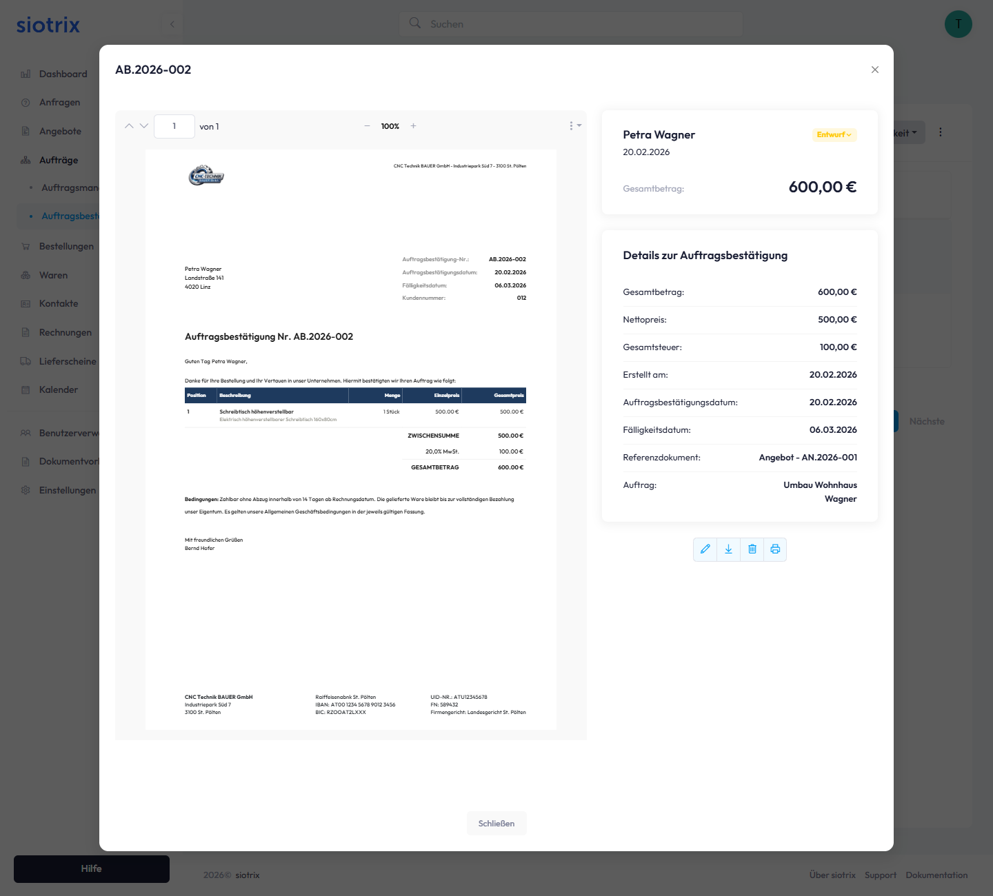 Fertige Auftragsbestätigung