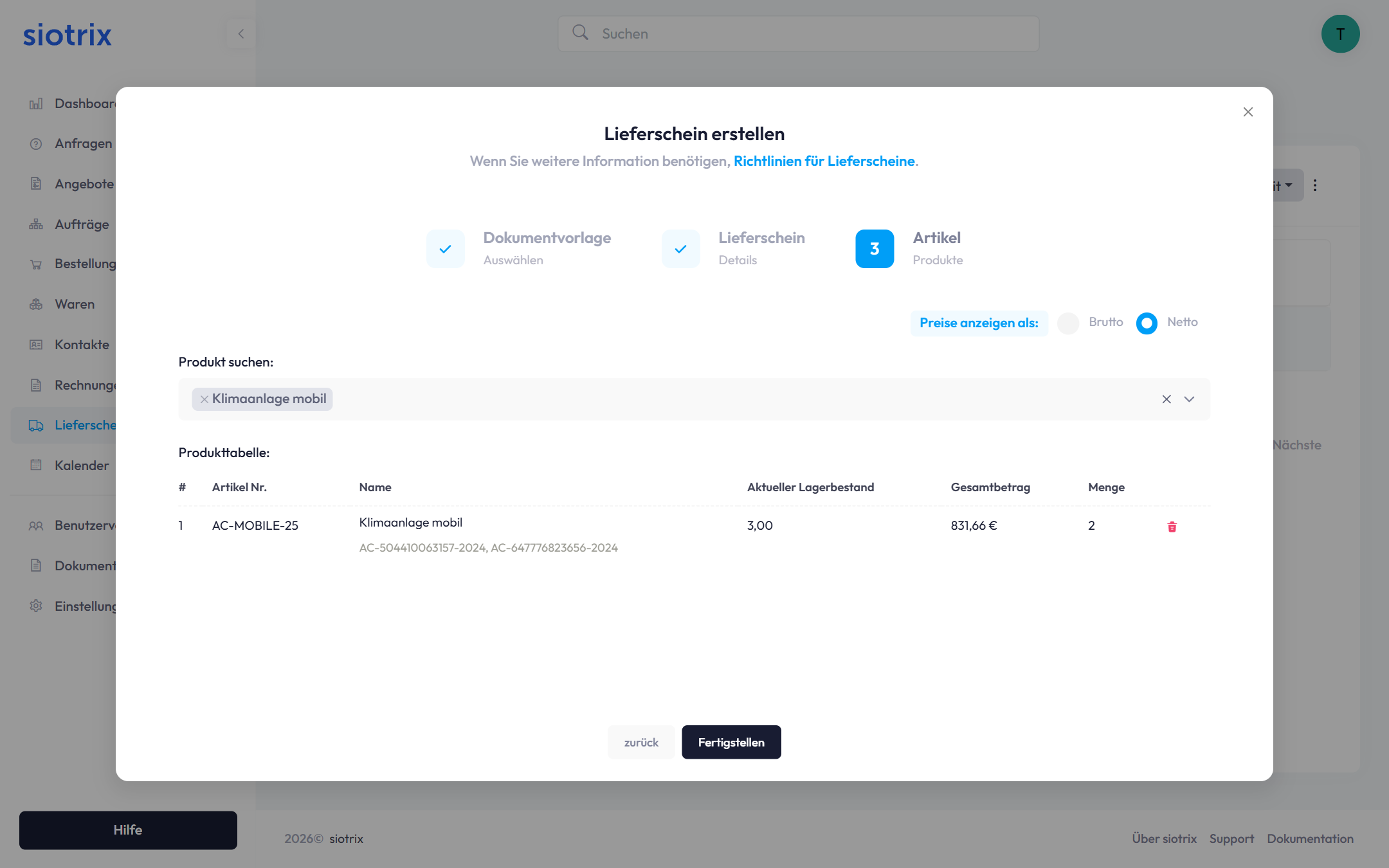 Produkttabelle ausgefüllt