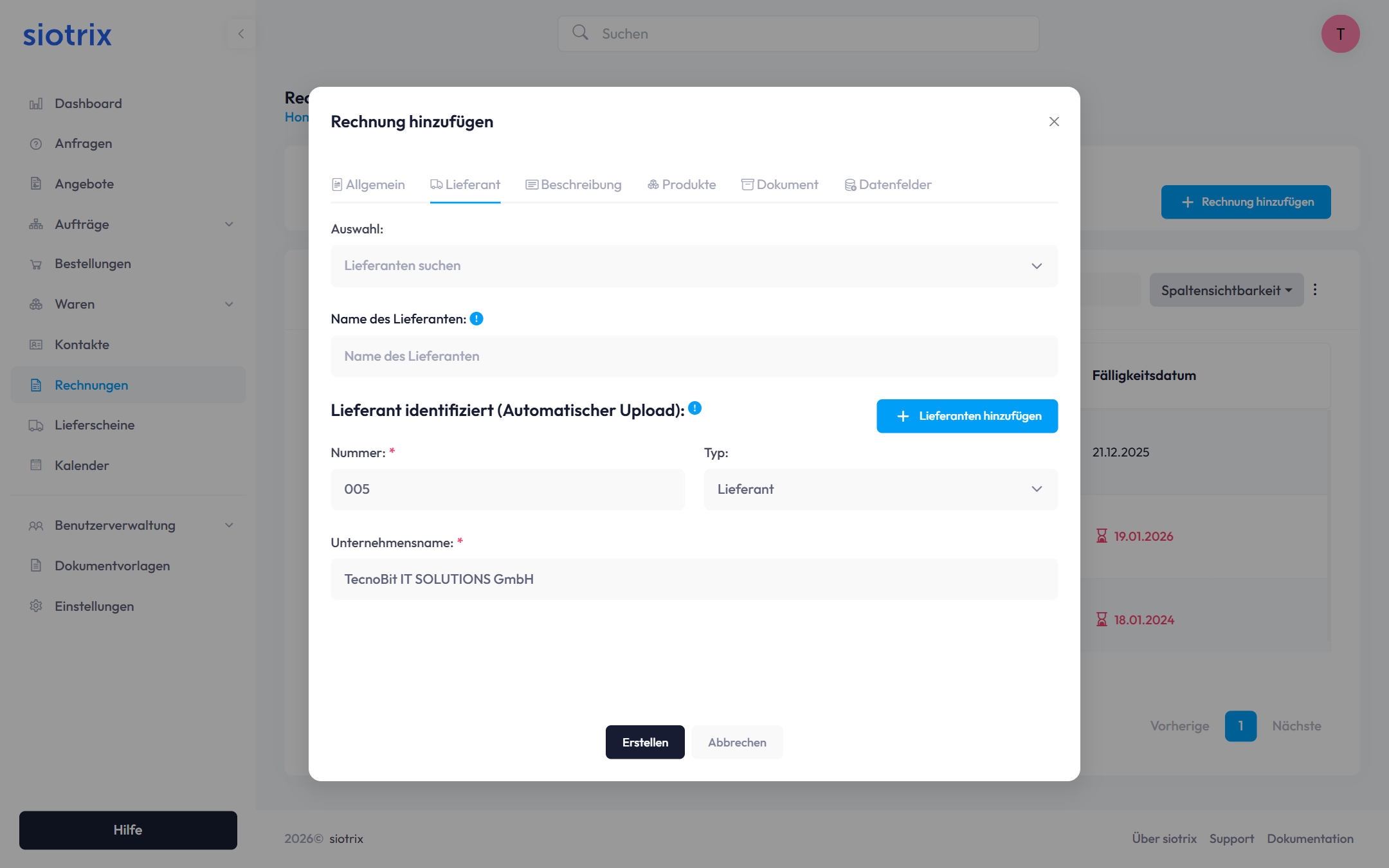 Neuer Lieferant erkannt