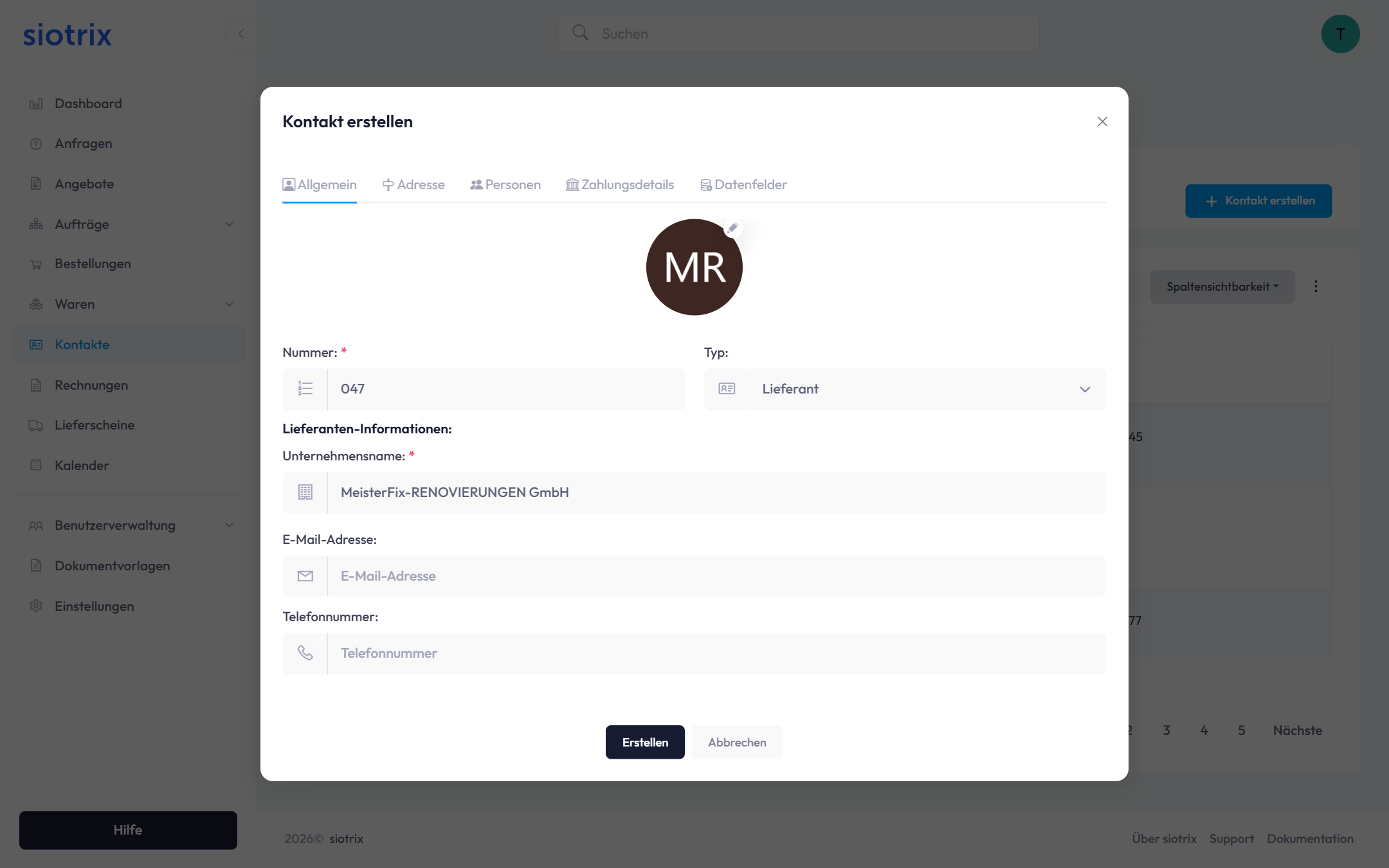 Kontakt Dialog - Allgemein