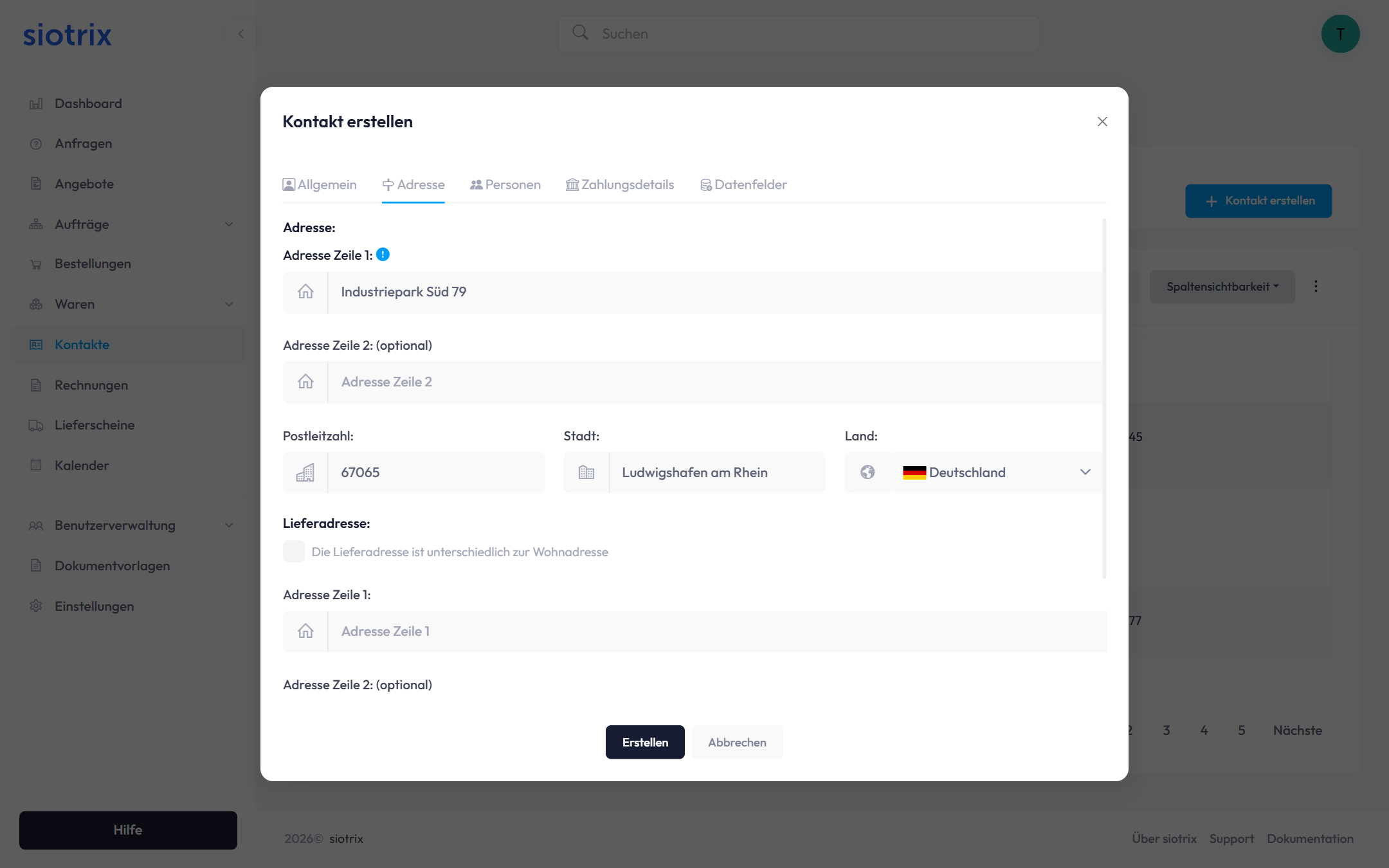 Kontakt Dialog - Adresse