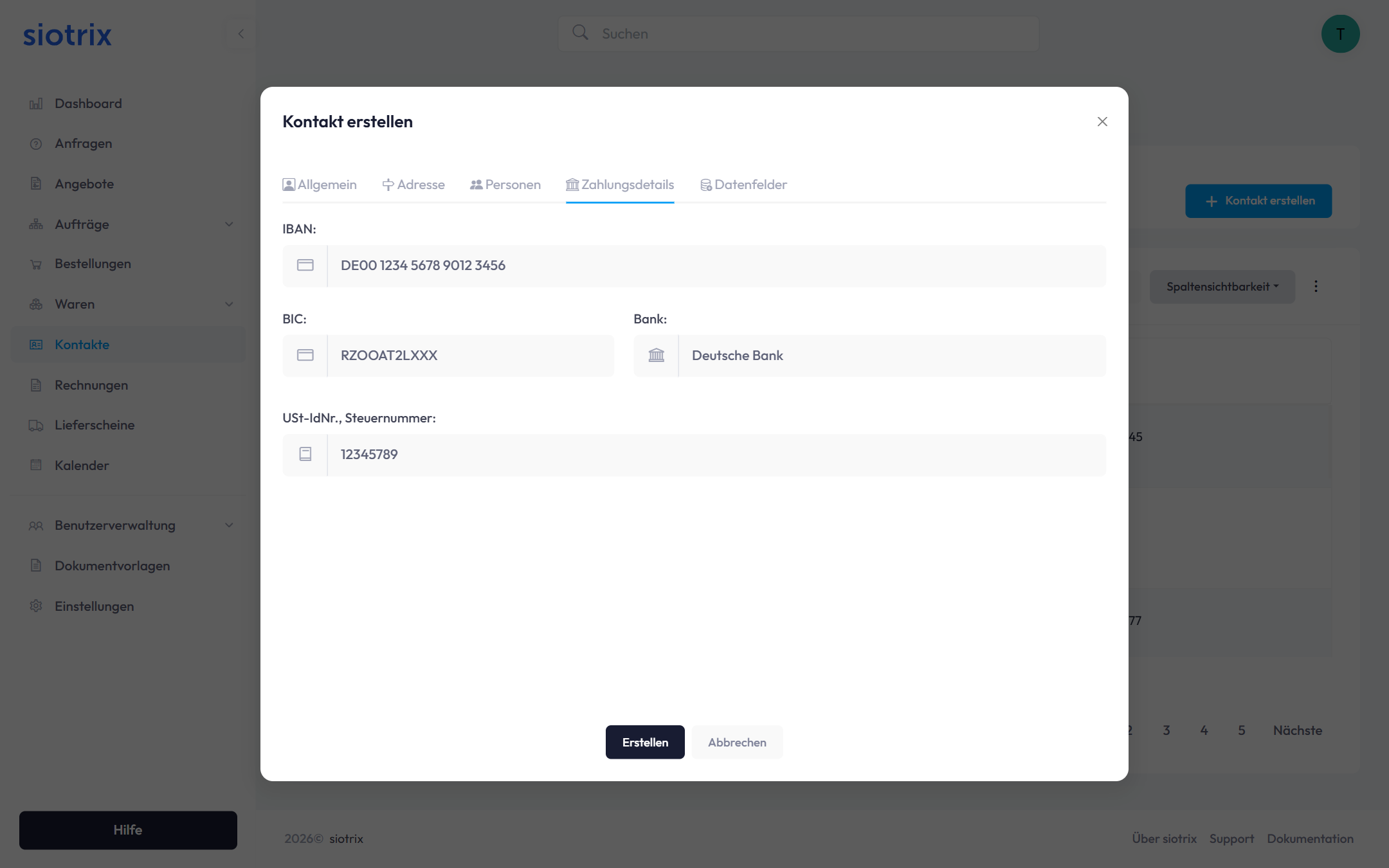 Kontakt Dialog - Zahlungsdetails