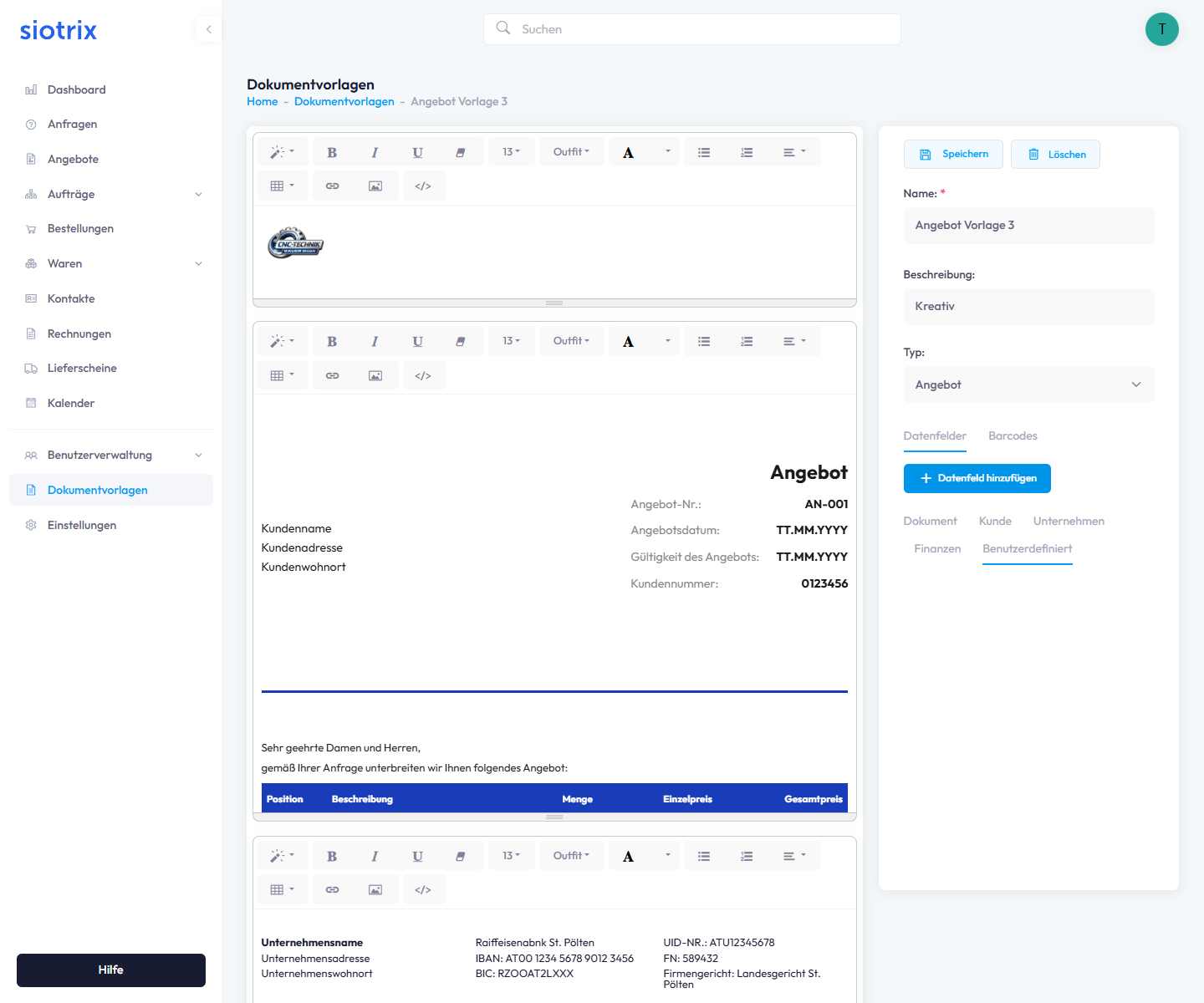 Finanzen Datenfelder
