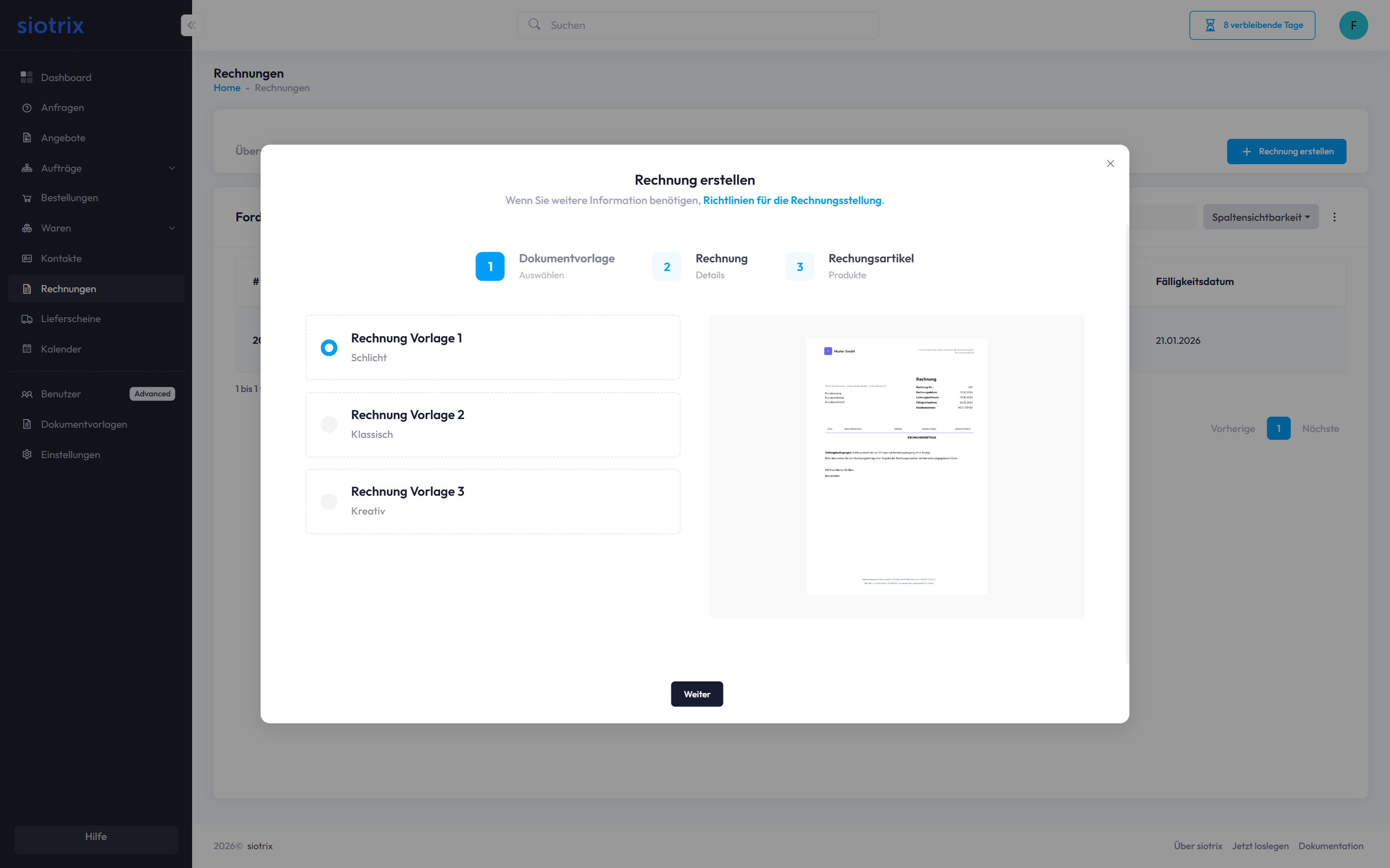 Rechnung erstellen Dialog