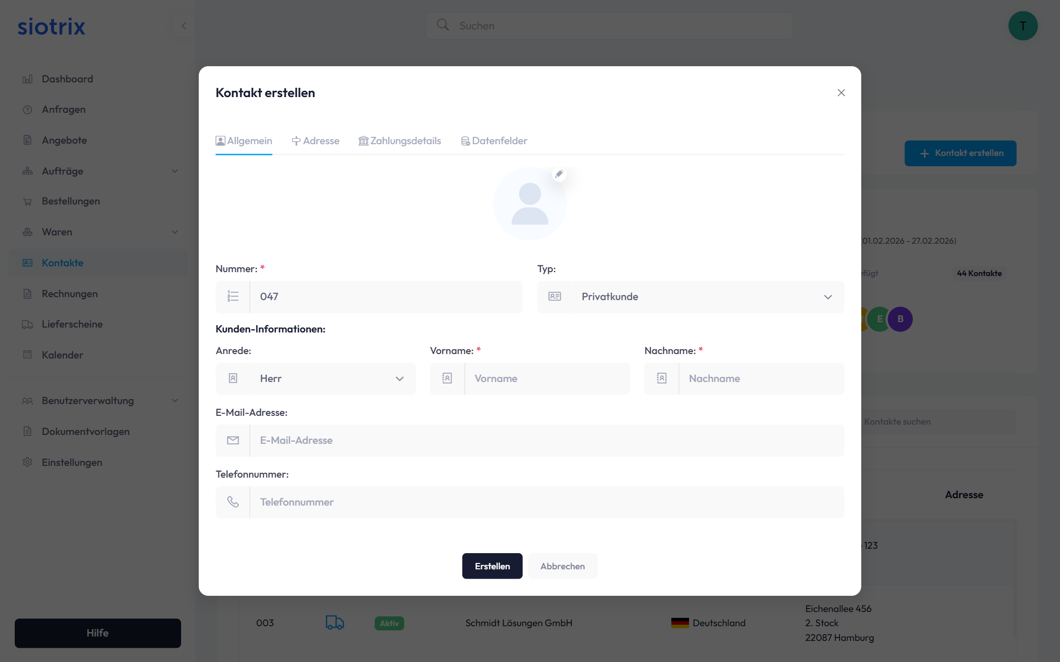 Privatperson erfassen