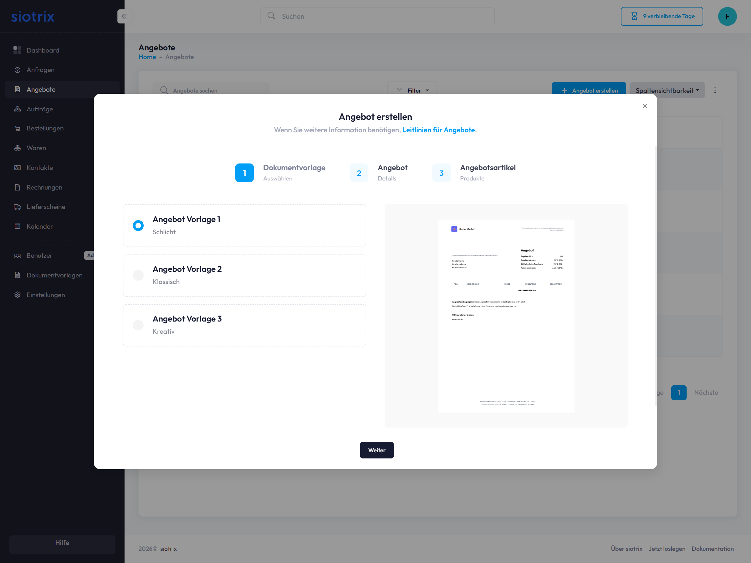 Angebot erstellen Dialog