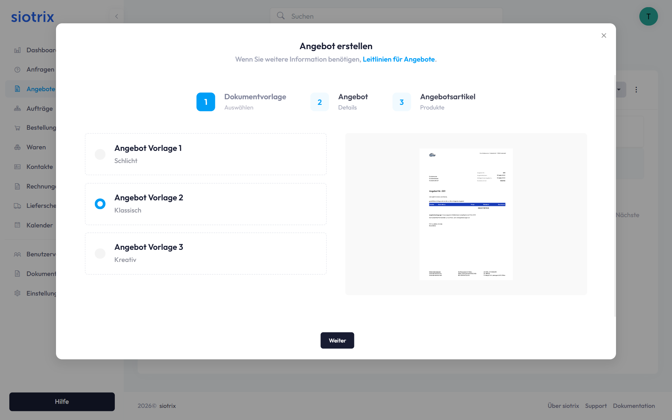 Angebot erstellen Dialog