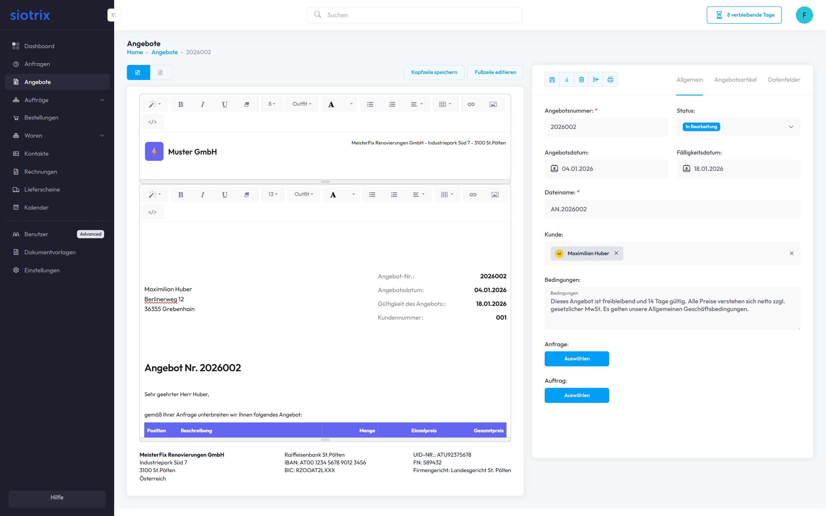 Kopfzeile bearbeiten