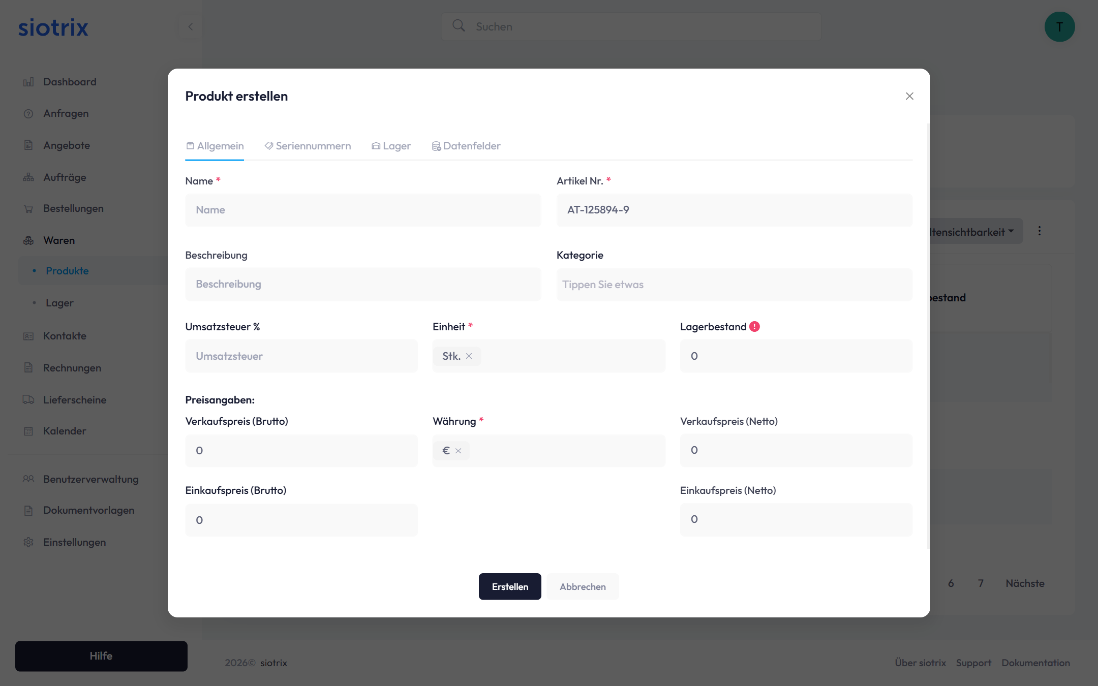Produkterfassung Stammdaten