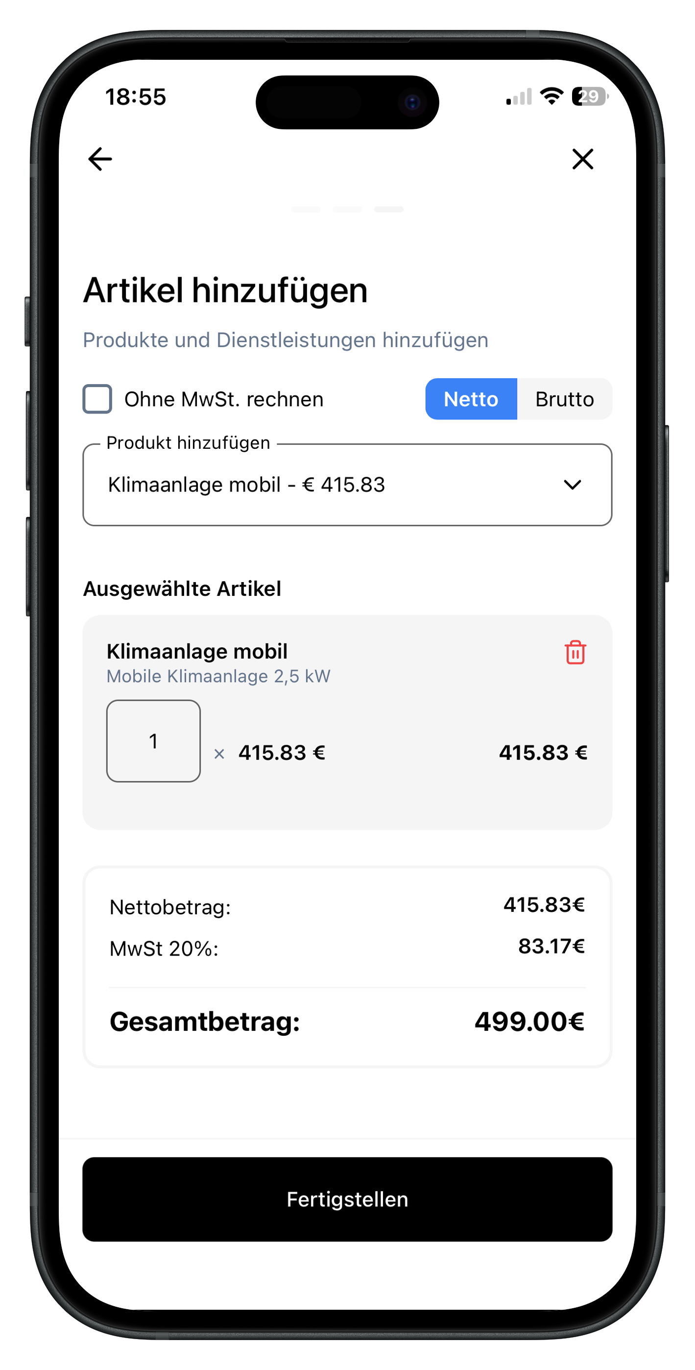 Artikel ausgewählt mit Summen